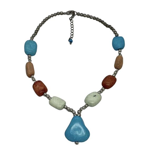 Multi-colored Stone and Silver Bead 16" Necklace Blue Pendant Vintage Estate - Picture 14 of 14